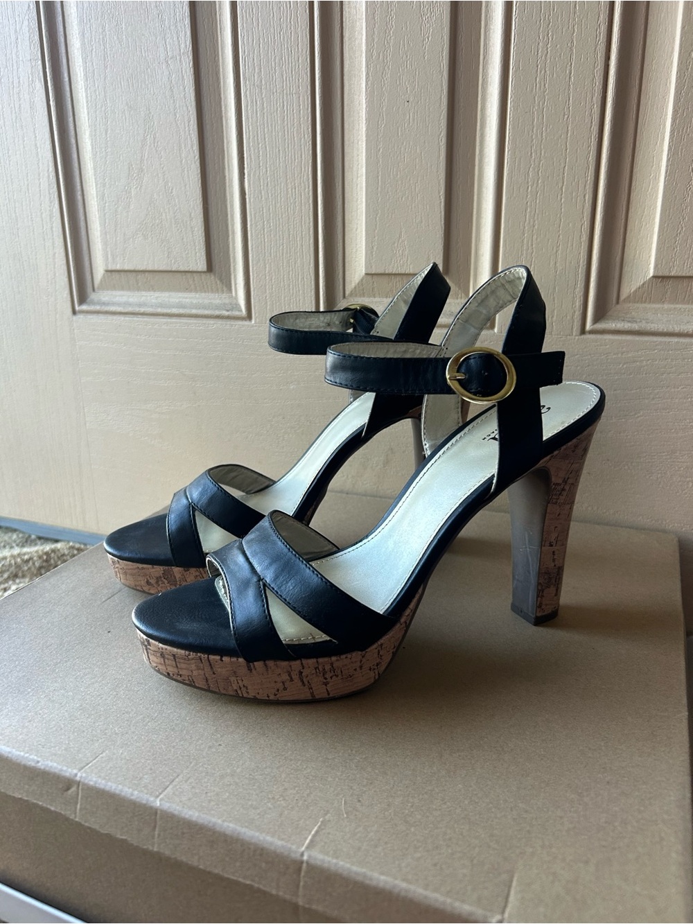 a.n.a. Black Cork Platform Strappy High Heel Sandals